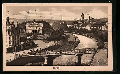 AK Plzen, Teilansicht mit Brücke