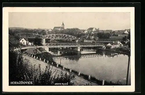 AK Horazdovice, Blick auf Fluss und Brücken
