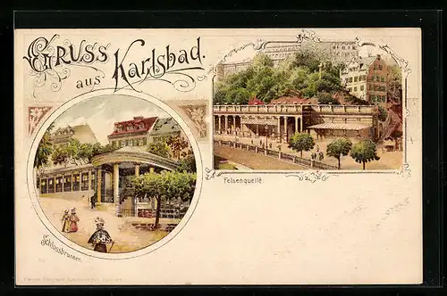 Lithographie Karlsbad, Schlossbrunnen, Gasthaus Felsenquelle