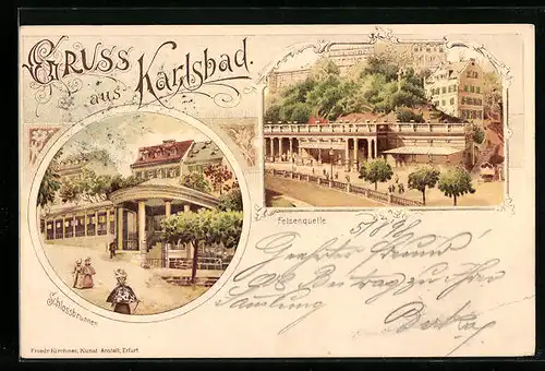 Lithographie Karlsbad, Gasthaus Felsenquelle, Schlossbrunnen