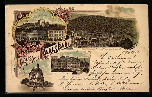 Lithographie Karlsbad, Jägerhaus, Kurhaus, Totalansicht, Kaiserbad