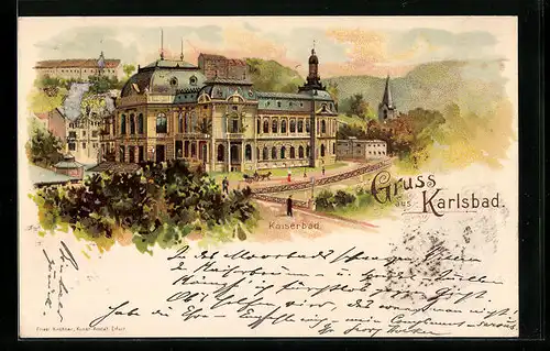 Lithographie Karlsbad, Partie vom Kaiserbad