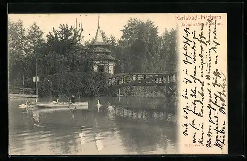 AK Karlsbad-Fischern, Japanischer Pavillon mit Brücke