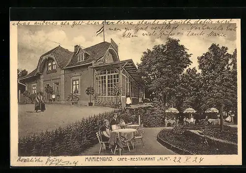 AK Marienbad, Cafe-Restaurant Alm, Garten und Gebäude