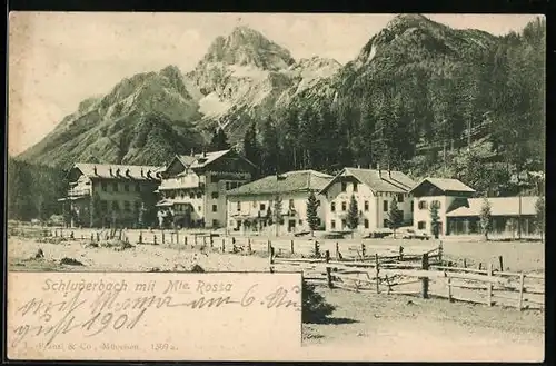 AK Schluderbach, Ortsansicht mit Monte Rossa