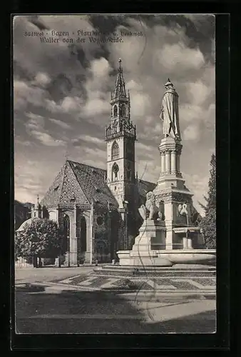 AK Bozen, Pfarrkirche und Denkmal Walter von der Vogelweide