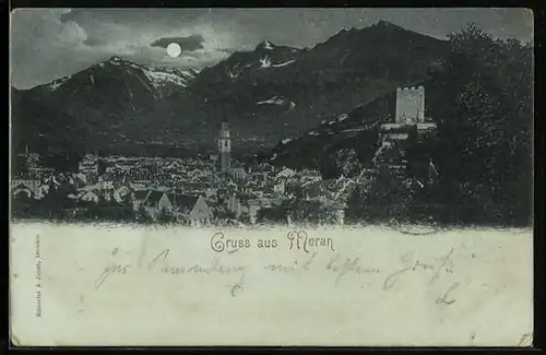 Mondschein-AK Meran, Totalansicht im Vollmondlicht