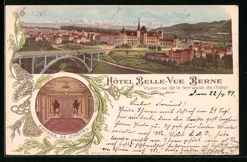 Lithographie Berne, Hotel Belle-Vue, Vue prise de la terasse de l`hotel, Ortsansicht