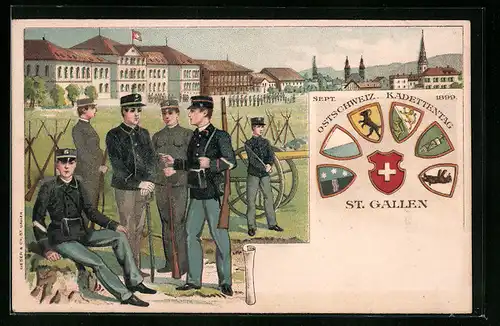 Lithographie St. Gallen, Ostschweiz. Kadettentag 1899, Kadetten in Uniform