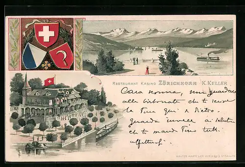 Lithographie Zürich, Restaurant und Kasino Zürichhorn, Panorama mit Zürichsee, Wappen