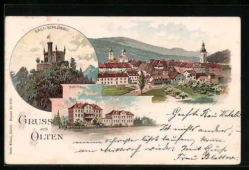 Lithographie Olten, Säli-Schlössli, Spital, Ortsansicht