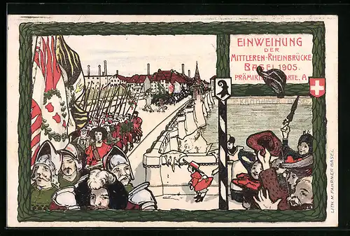Künstler-AK Basel, Einweihung der Mittleren-Rheinbrücke 1905