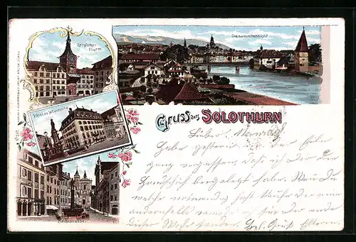 Lithographie Solothurn, Gesamtansicht, Zeitglockenthurm, Hauptstrasse