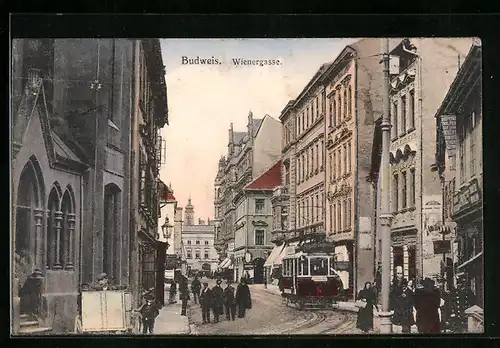 AK Budweis, Wienergasse mit Strassenbahn