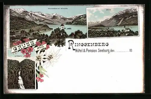 Lithographie Ringgenberg, Hotel Pension Seeburg, Teilansicht mit Rothhorn, Giessbach
