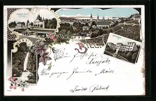 Lithographie Biel, Schloss Nidau, Taubenloch, Magglingen