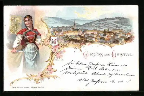 Lithographie Liestal, Totalansicht, Frau in Tracht, Wappen