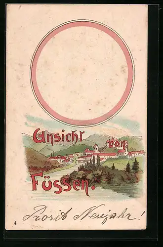 Lithographie Füssen, Blick auf die Stadt, Halt gegen das Licht: feinbestrumpfte Frauenbeine