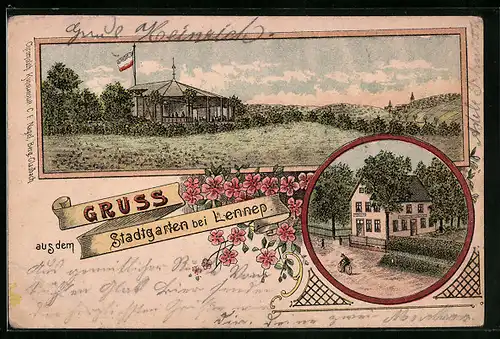 Lithographie Lennep, Stadtgarten mit Pavillon