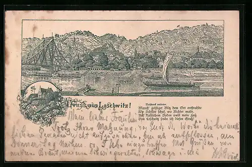 Vorläufer-Lithographie Dresden-Loschwitz, 1895, Burgberg, Gesamtansicht mit Elbe