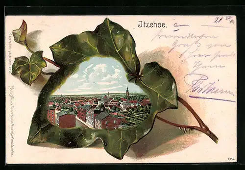 Passepartout-Lithographie Itzehoe, Ortsansicht aus der Vogelschau