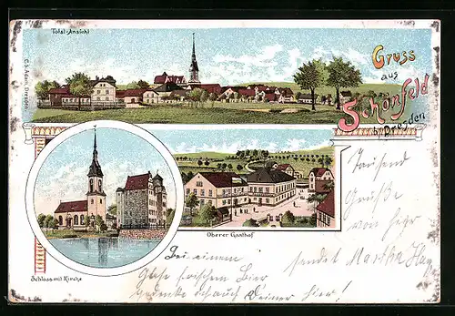Lithographie Schönfeld, Ortsansicht, Schloss mit Kirche, Oberer Gasthof