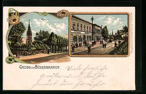 Lithographie Süderbrarup, Geschäfte C. Franzen und J. H. Geertz, Kirche