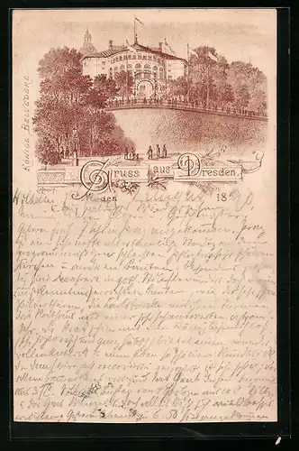 Lithographie Dresden, Königl. Belvedere mit Park, datiert 1890