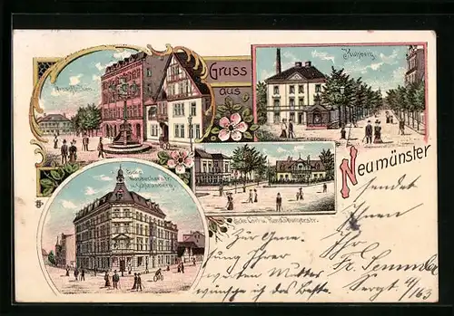 Lithographie Neumünster, Grossflecken, Kuhberg, Ecke Carl- u. Rendsburgerstrasse