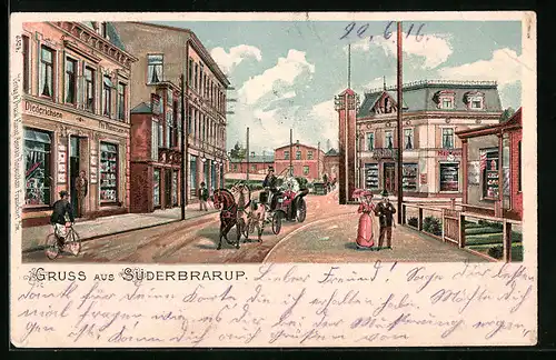 Lithographie Süderbrarup, Strassenpartie mit Geschäft von Th. Thomsen