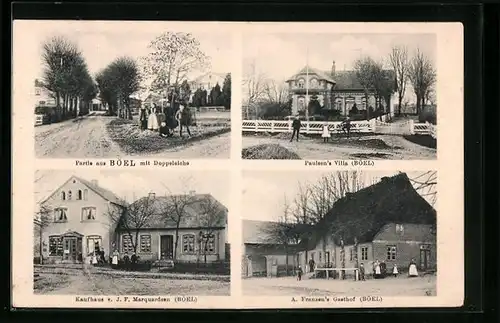 AK Böel, Gasthof von A. Franzen, Kaufhaus v. J. F. Marquardsen, Paulsen`s Villa