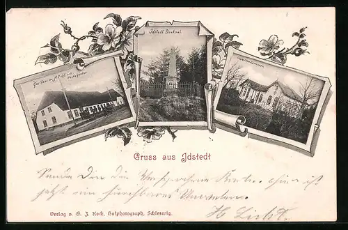AK Idstedt, Gastaus von H. Licht und Postagentur, Waffenkammer, Denkmal