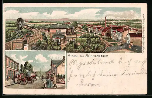 Lithographie Süderbrarup, Strassenpartie mit Central Warenmagazin, Teilansicht