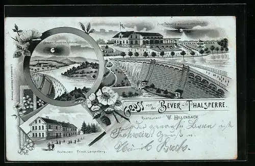 Mondschein-Lithographie Hückeswagen, Restaurant Bever Talsperre W. Hillenbach, Restaurant Friedr. Langenberg