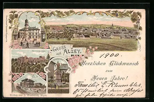 Lithographie Alzey, Rathaus, Burgruine, Bahnhof