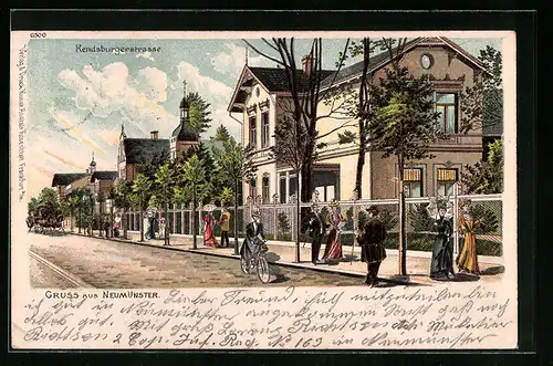 Lithographie Neumünster, Rendsburgerstrasse mit Radfahrerin