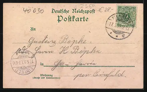 Lithographie Neumünster, Clublocal H. Knickrehm des Vereins Holsatia v. 1884, Garten, Zwei Radfahrer bei Mondschein