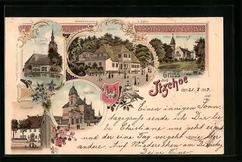 Lithographie Itzehoe, Gasthaus Eichthal, Prinzesshof, Post