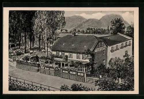 AK Bad Harzburg, Schellbachs Hotel zur Quelle aus der Vogelschau