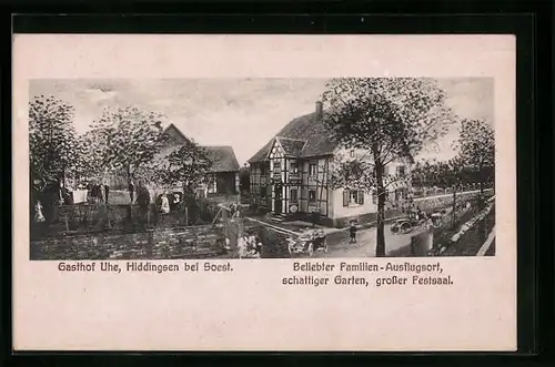 AK Hiddingsen bei Soest, Gasthof Uhe mit Garten und Strasse