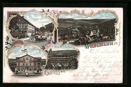 Lithographie Wildemann i. H., Totalansicht, Strasse, Kurhaus Wildemann
