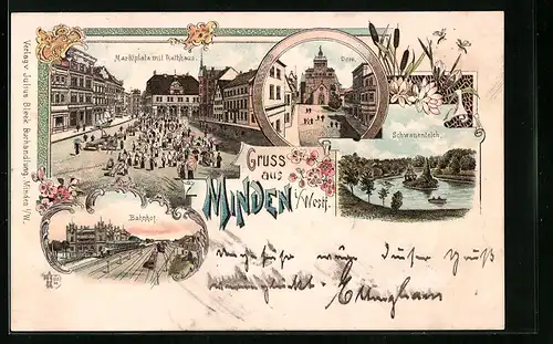 Lithographie Minden i. W., Marktplatz mit Rathhaus, Bahnhof, Dom