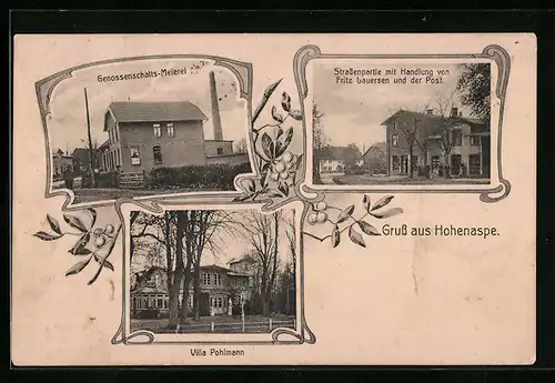 AK Hohenaspe, Genossenschafts-Meierei, Villa Pohlmann, Handlung Fritz Lauersen mit Post