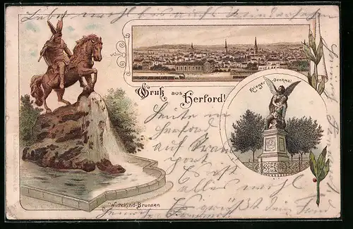 Lithographie Herford, Totalansicht, Wittekind-Brunnen