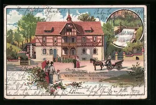 Lithographie Kemnitz bei Dresden, Gasthaus Weltemühle, Stassenansicht, Wehr