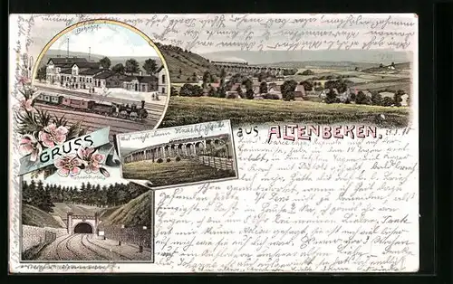 Lithographie Altenbeken, Ortsansicht mit Viadukt, Bahnhof