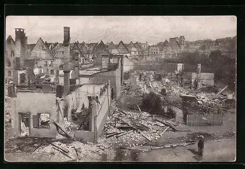 AK Donaueschingen, Teilansicht mit Trümmern nach dem Grossfeuer 1908