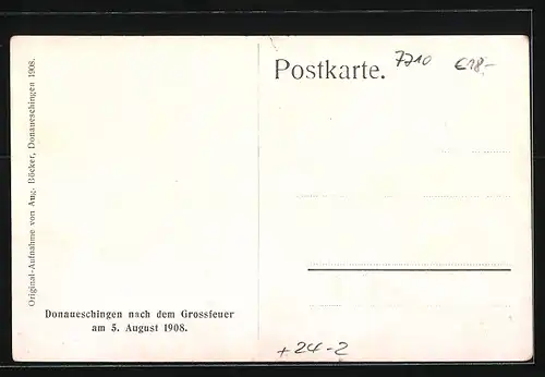 AK Donaueschingen, Teilansicht mit Trümmern nach dem Grossfeuer 1908