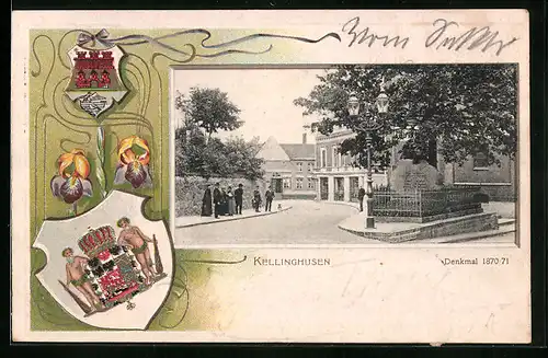 Passepartout-Lithographie Kellinghusen, Strassenpartie mit Denkmal 1870-71