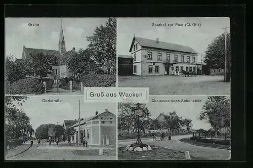 AK Wacken, Kirche, Gasthof zur Post, Dorfstrasse, Chaussee nach Schenefeld